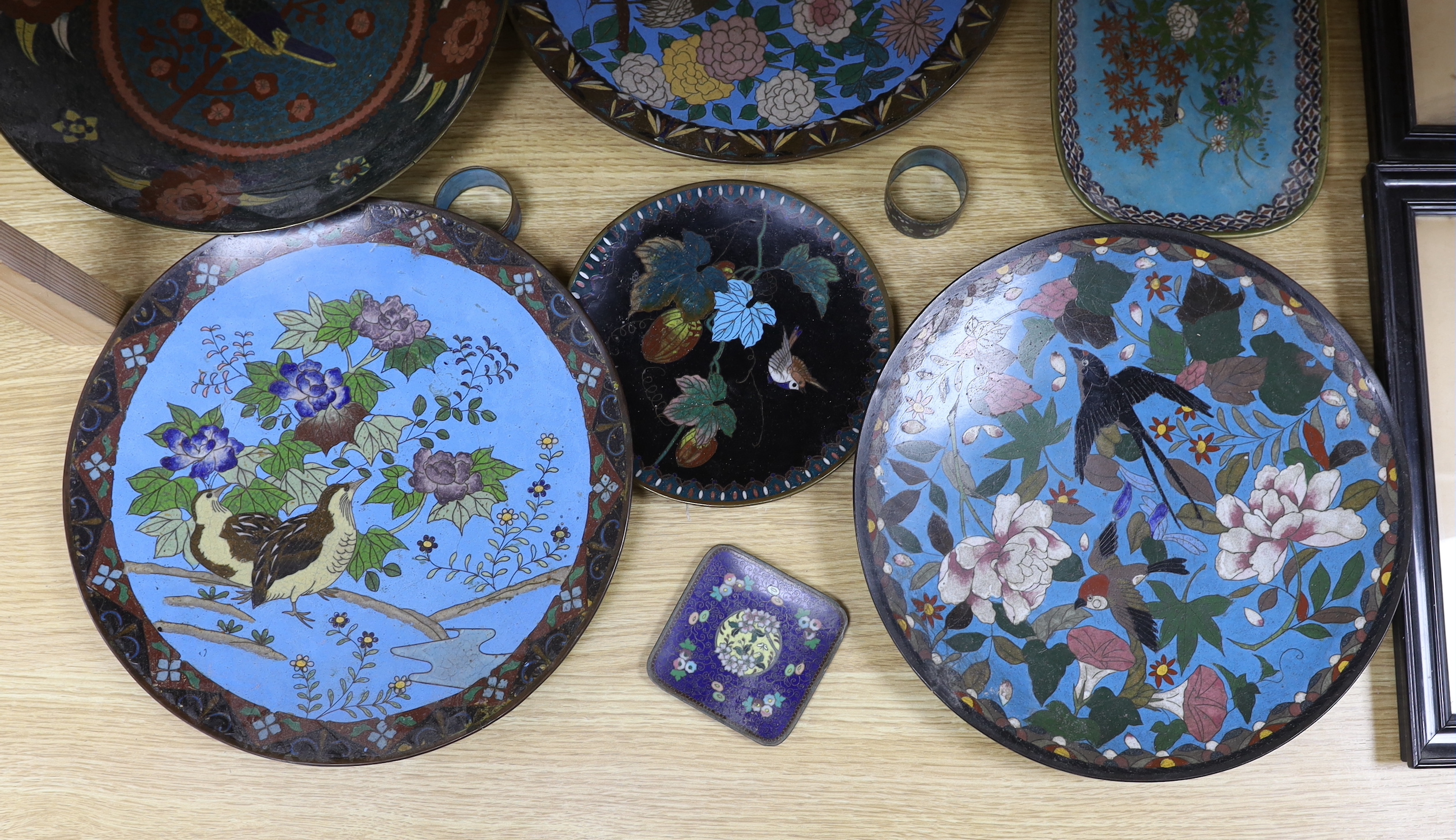 Collection of Japanese cloisonné enamel plates, napkin rings and a vase, each enamelled with birds and flowers, the largest 29cm in diameter